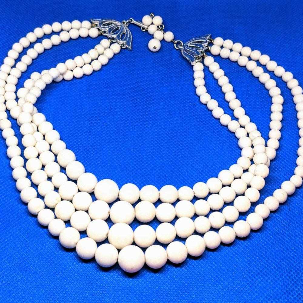 MultiStrand White Bead Vintage Necklace Hong Kong Gem